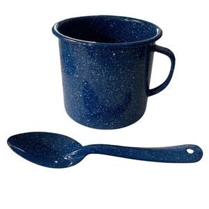 Enamelware 16 oz Coffee Mug & Spoon Set Blue White Speckled Outdoor Camping